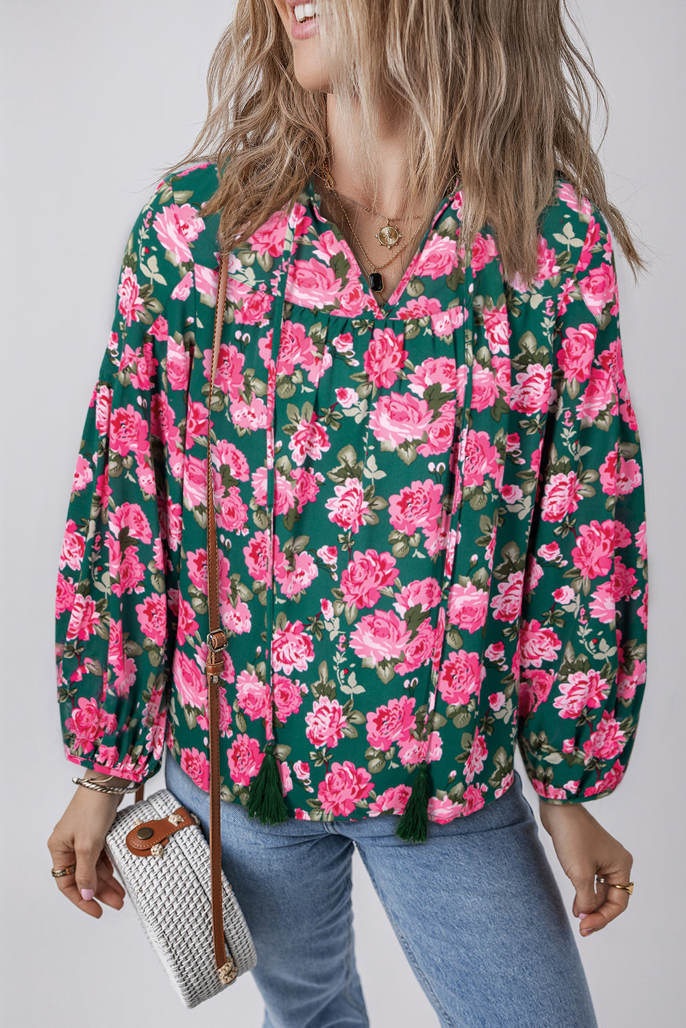 Green Floral Printed Tied Collar Puff Sleeve Blouse