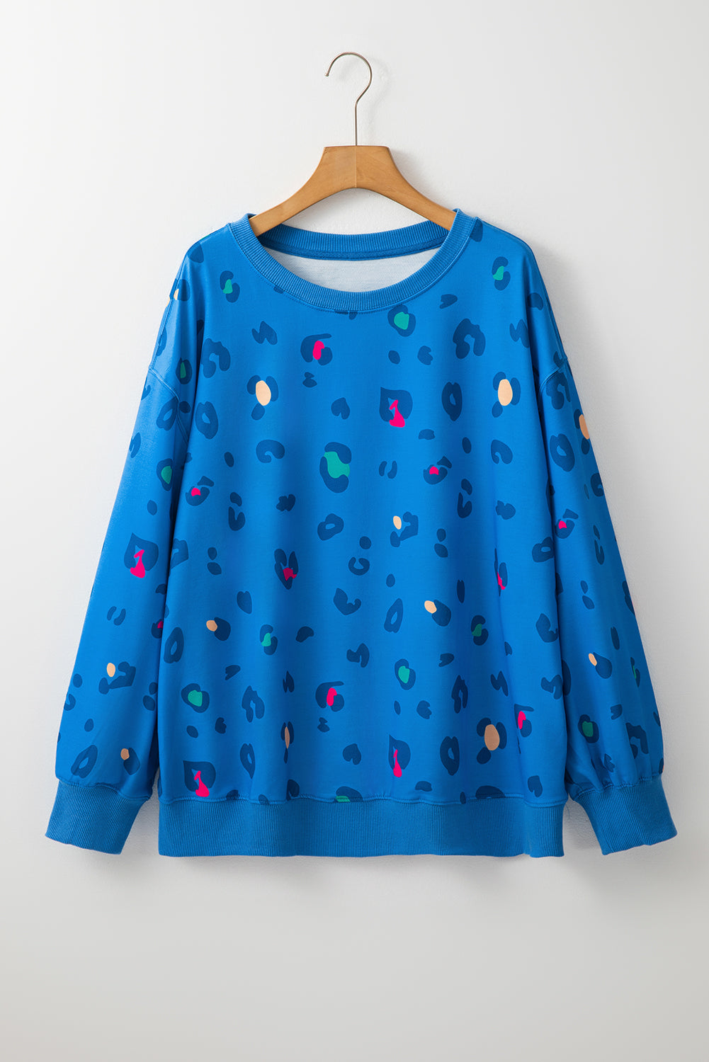 Sky Blue Leopard Ribbed Edge Drop Shoulder Pullover Sweatshirt