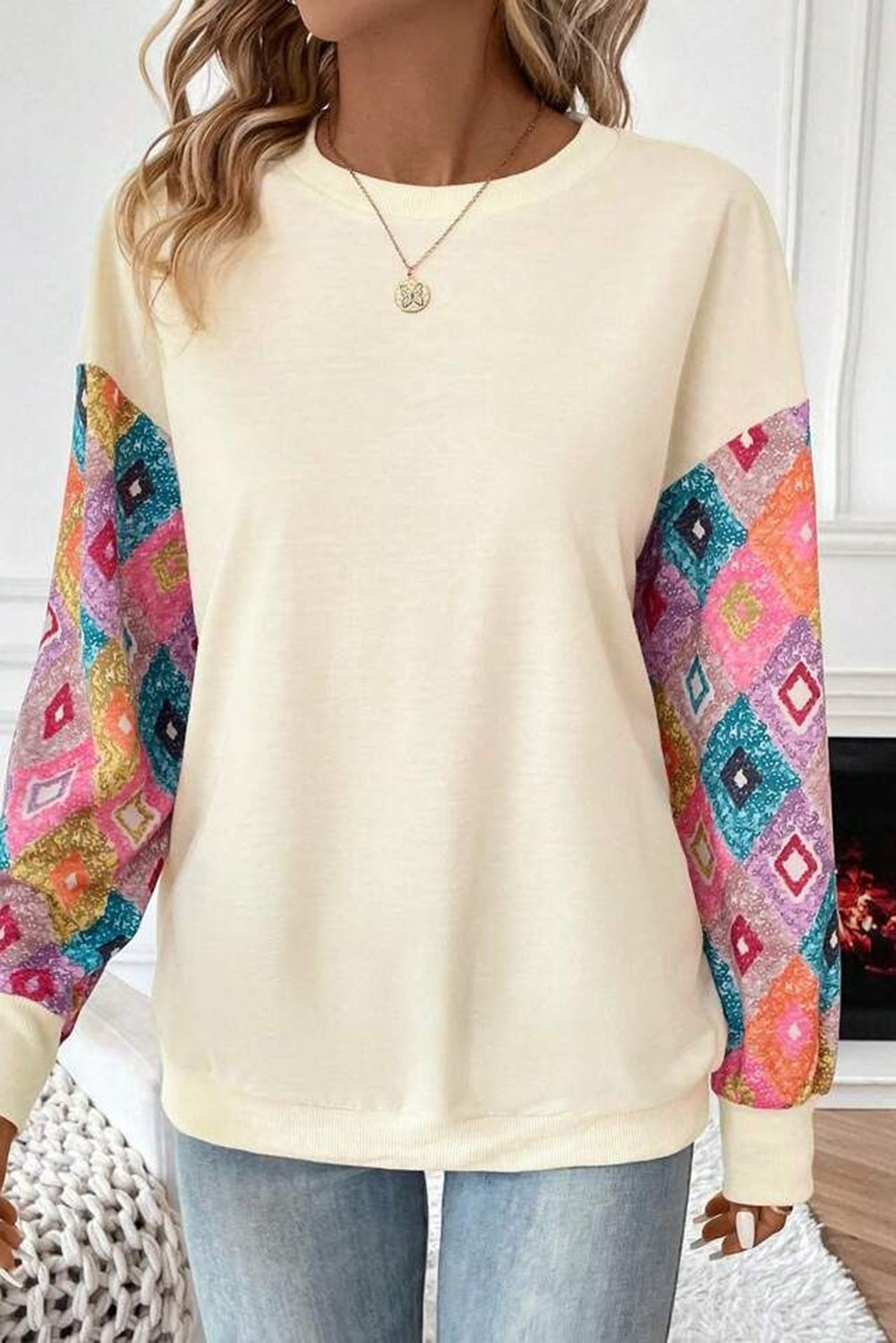 Apricot Geometric Printed Patchwork Long Sleeve Round Neck Top