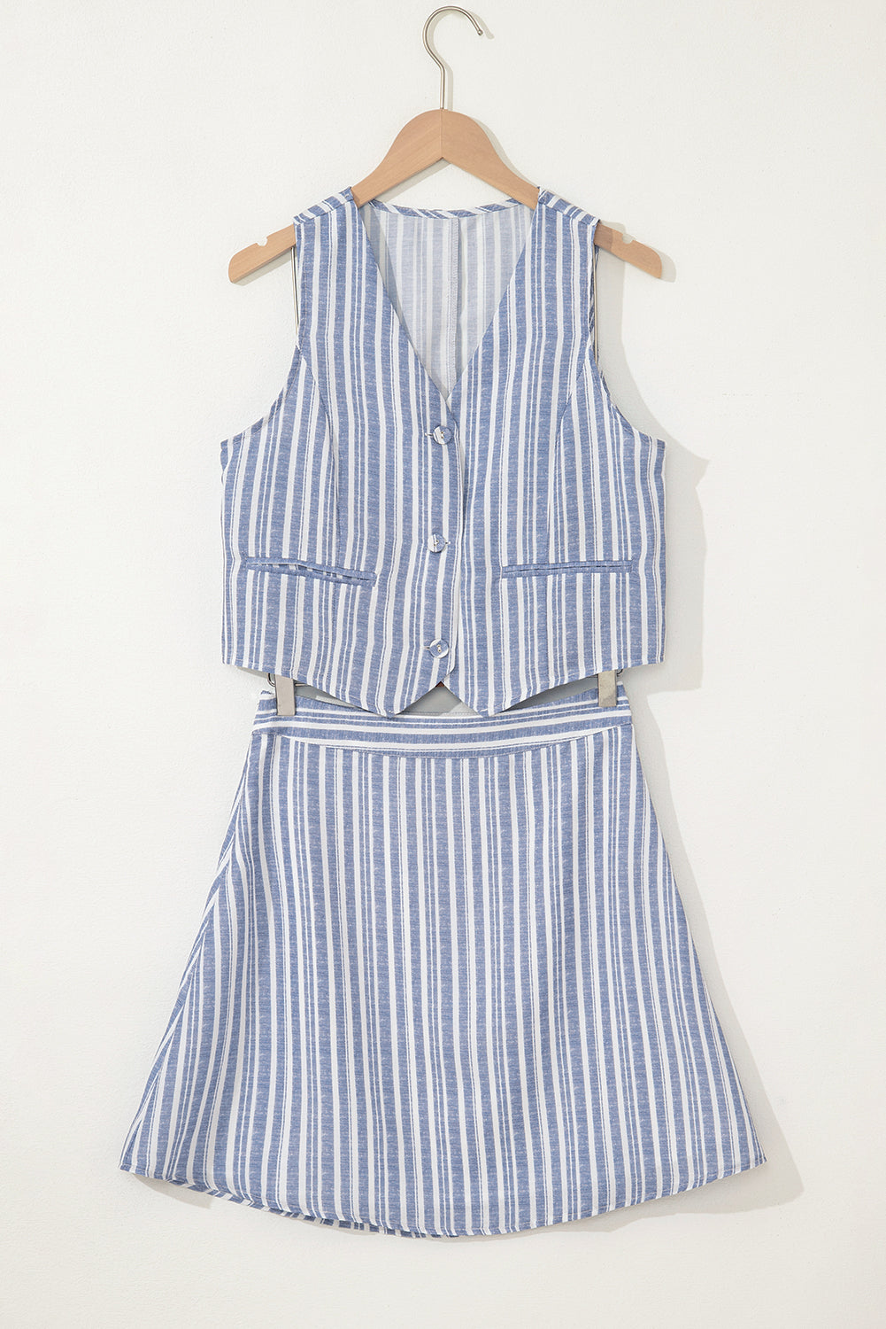 Sky Blue Stripe Buttoned Office Waistcoat Mini Skirt Set