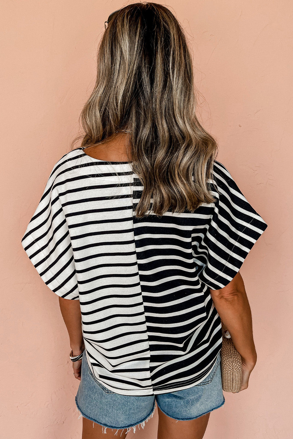 Black Stripe Two Tone Colorblock V Neck T Shirt