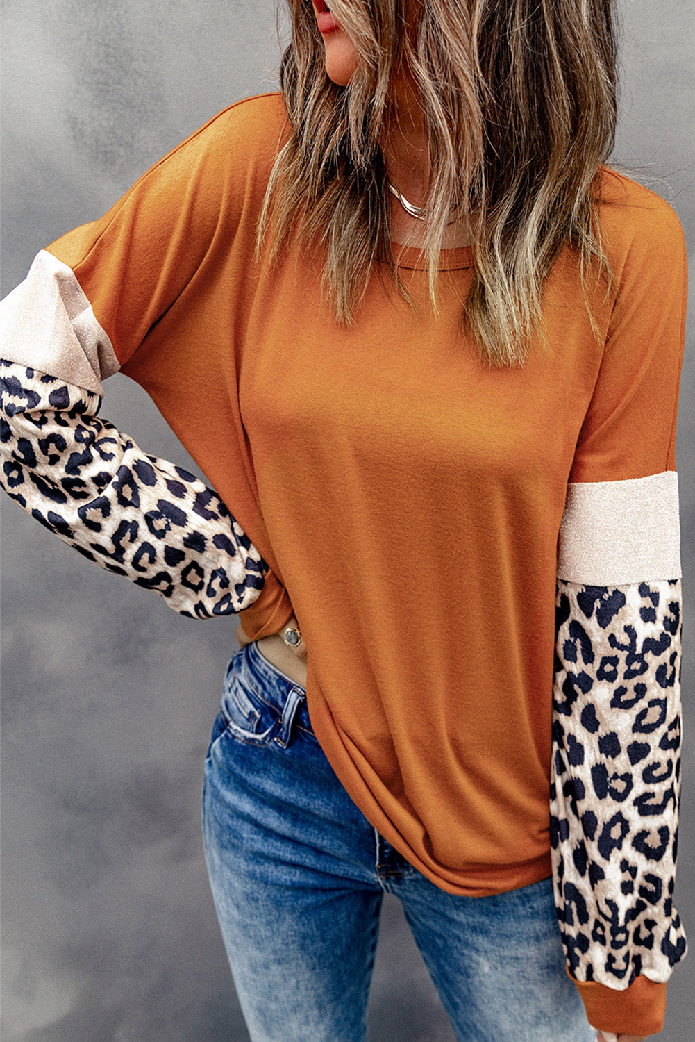 Brown Leopard Sequin Patchwork Long Sleeve Top