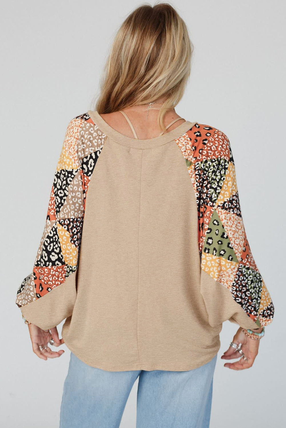 Parchment Contrast Printed Raglan Sleeves Patchwork V Neck Loose Top