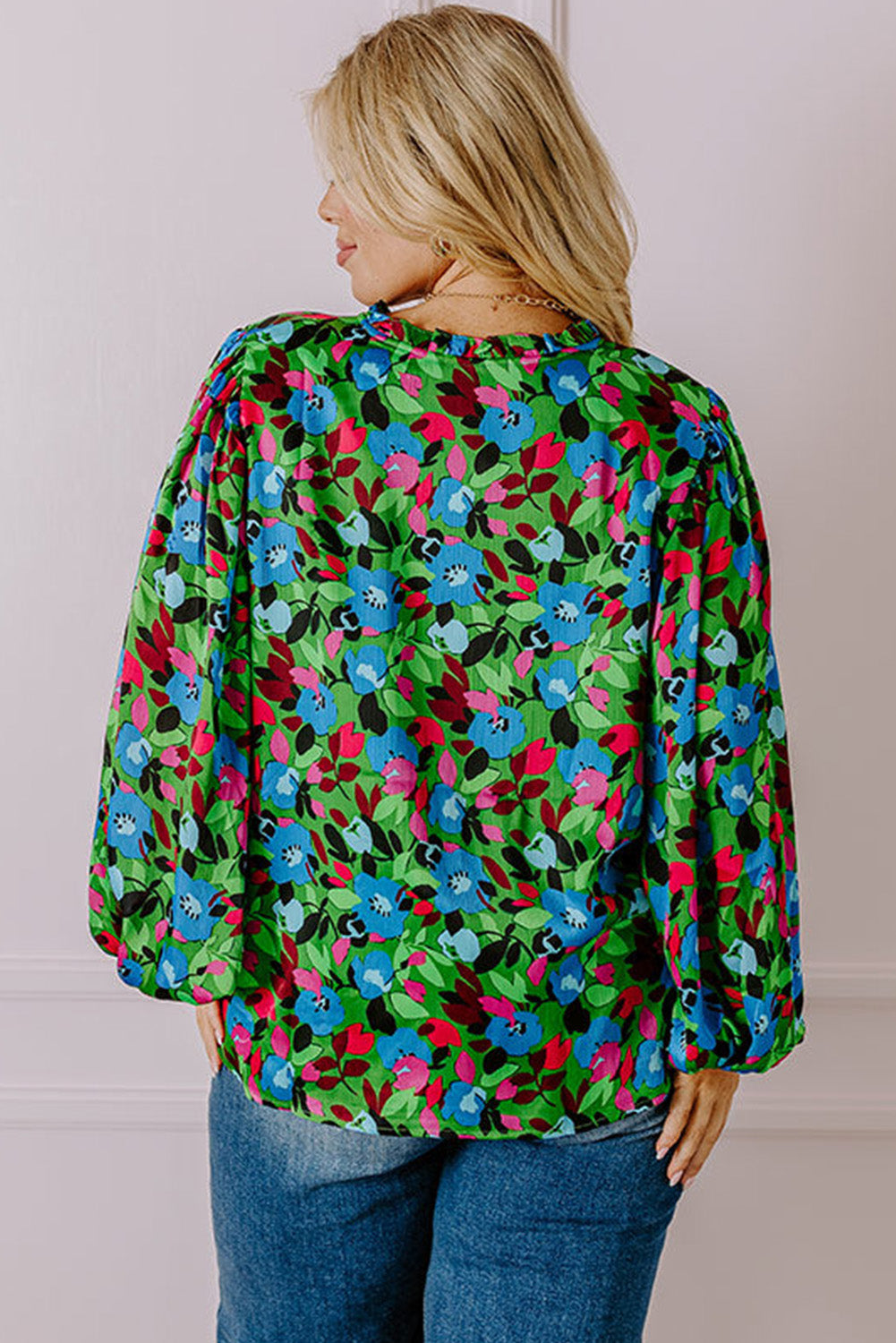 Green Plus Size Floral Bubble Sleeve V Neck Blouse