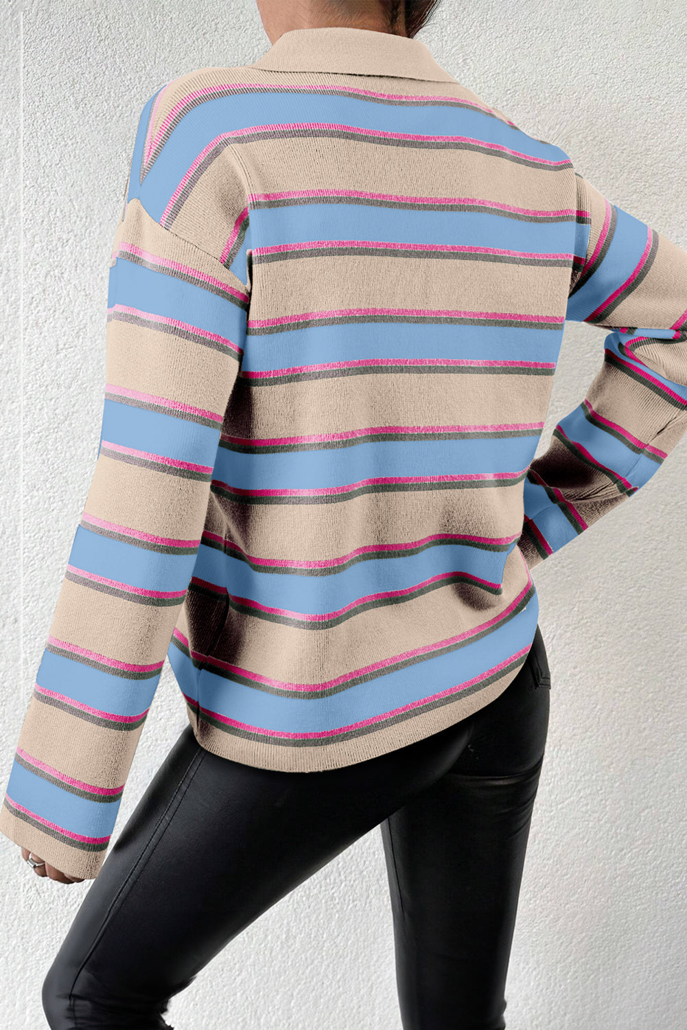 Apricot Stripe Collared V Neck Drop Shoulder Loose Sweater