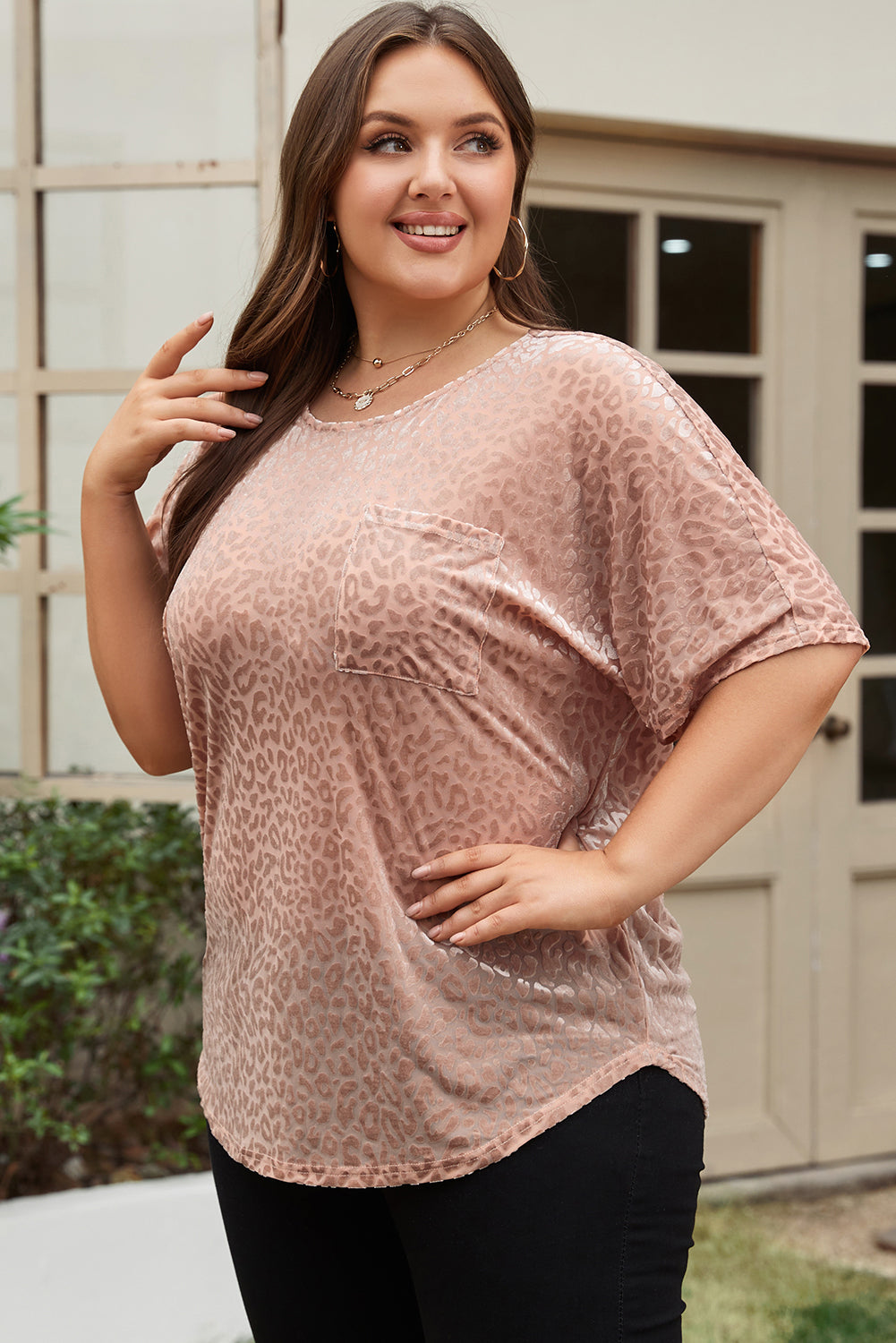 Khaki Leopard Print Plus Size T-shirt