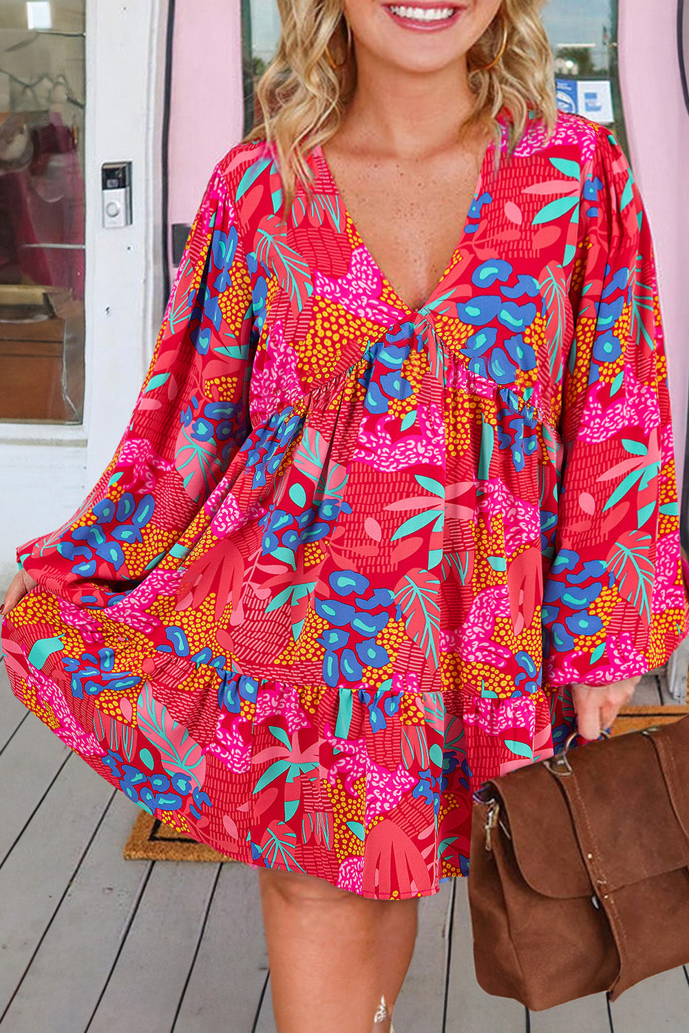 Rose Tropical Printed Lantern Sleeve V Neck Ruffled Plus Size Mini Dress