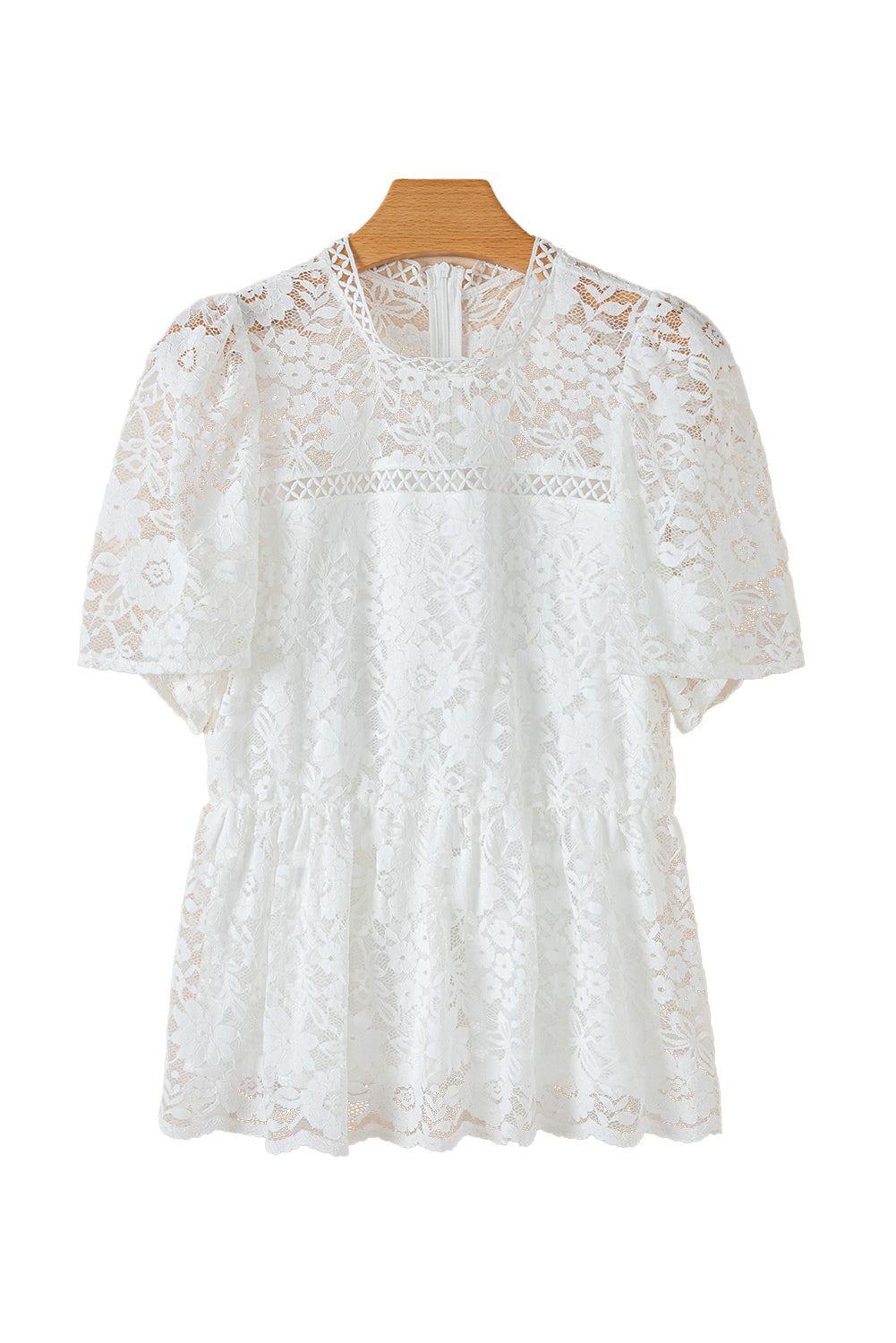 White Short Sleeve Scalloped Floral Lace Peplum Blouse