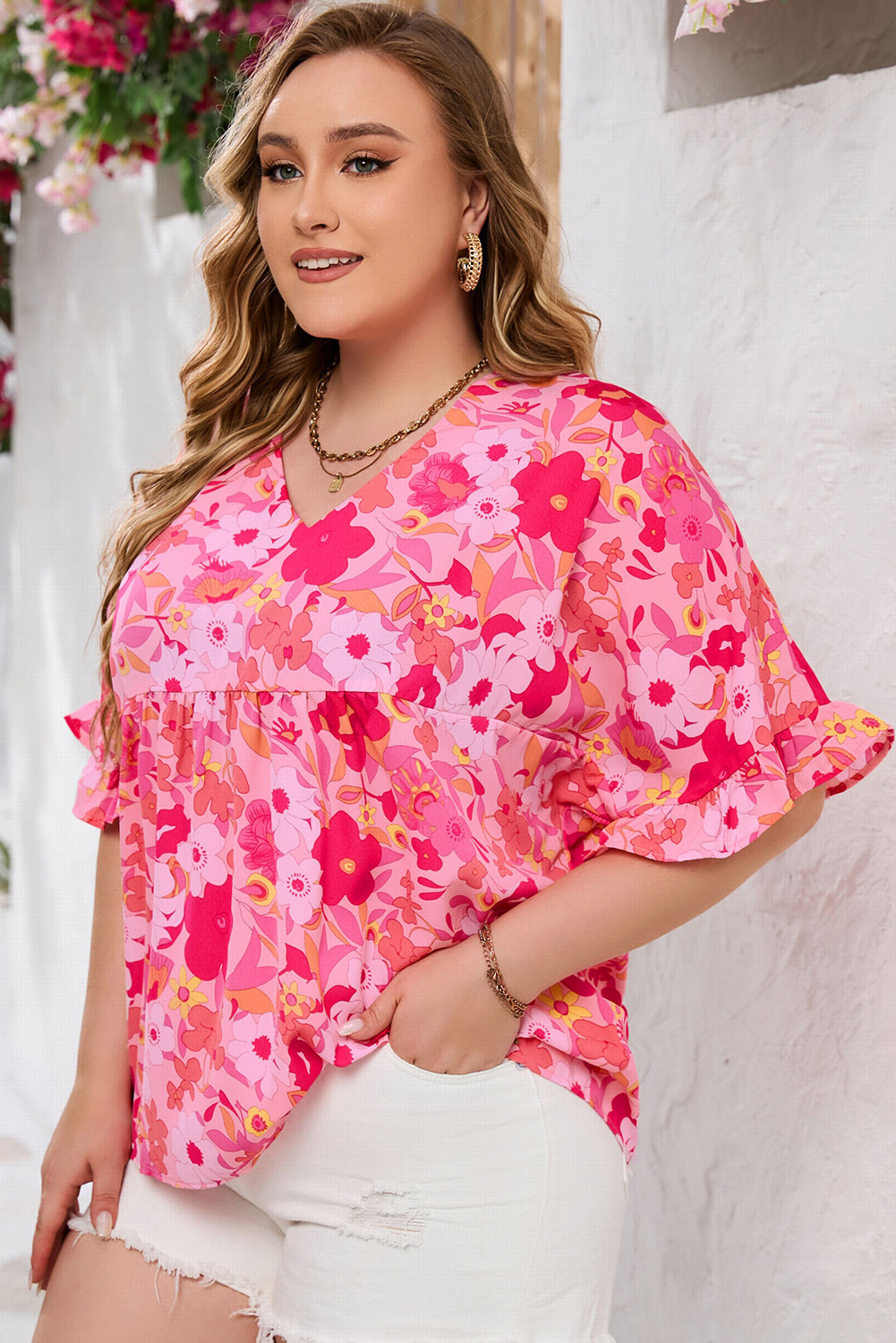 Rose Floral Print Ruffled Half Sleeve Plus Size Babydoll Blouse