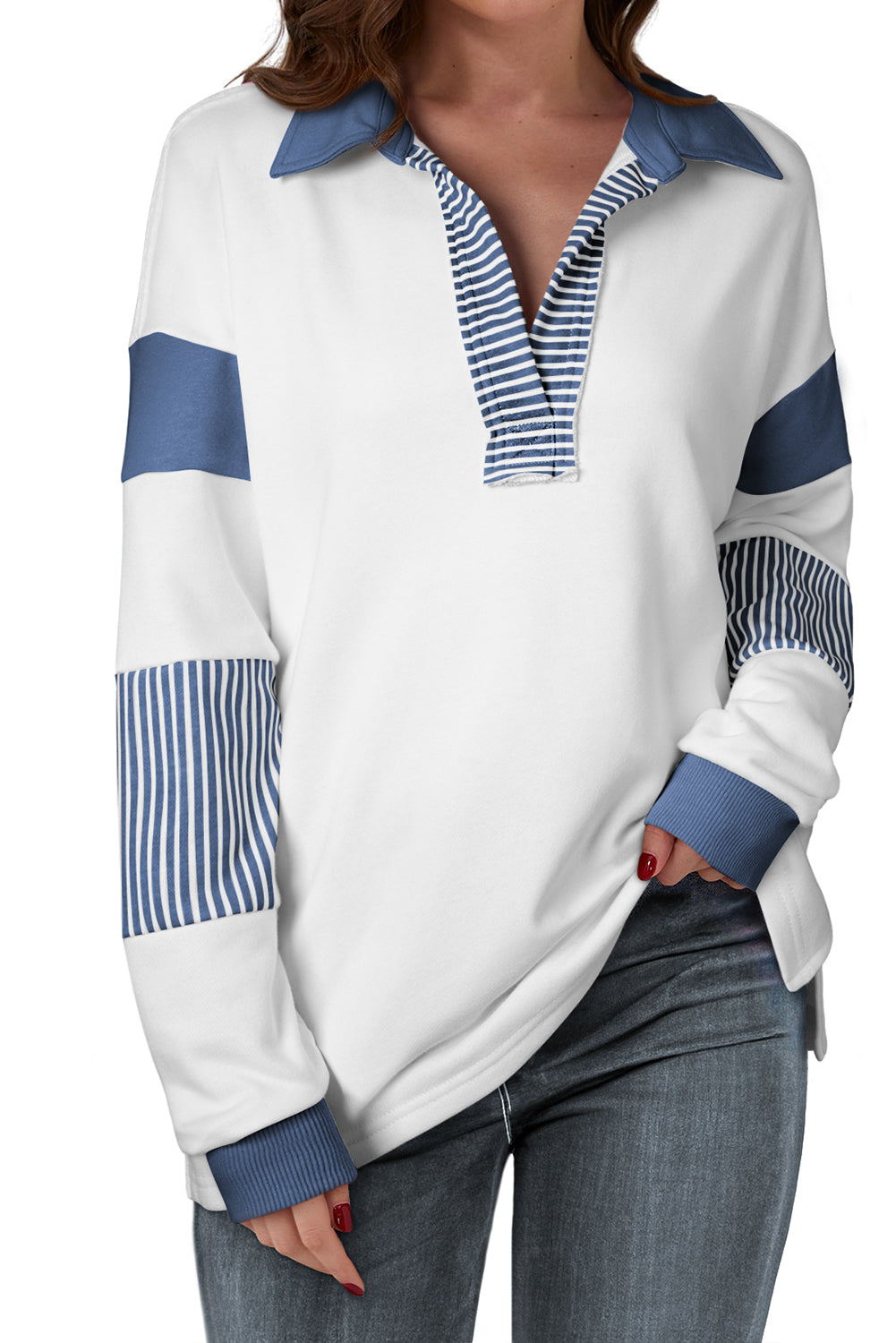 Black Striped Colorblock Patchwork Collar Sweatshirt