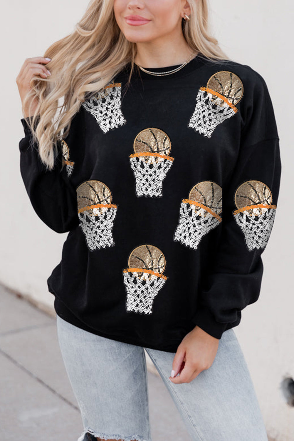 Black Basketball Patched Game Day Crew Neck Graphic Sweatshirt