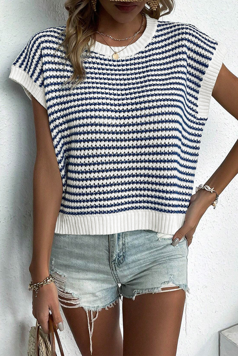 Blue Stripe Ribbed Trim Loose Fit Knitted Sweater Vest