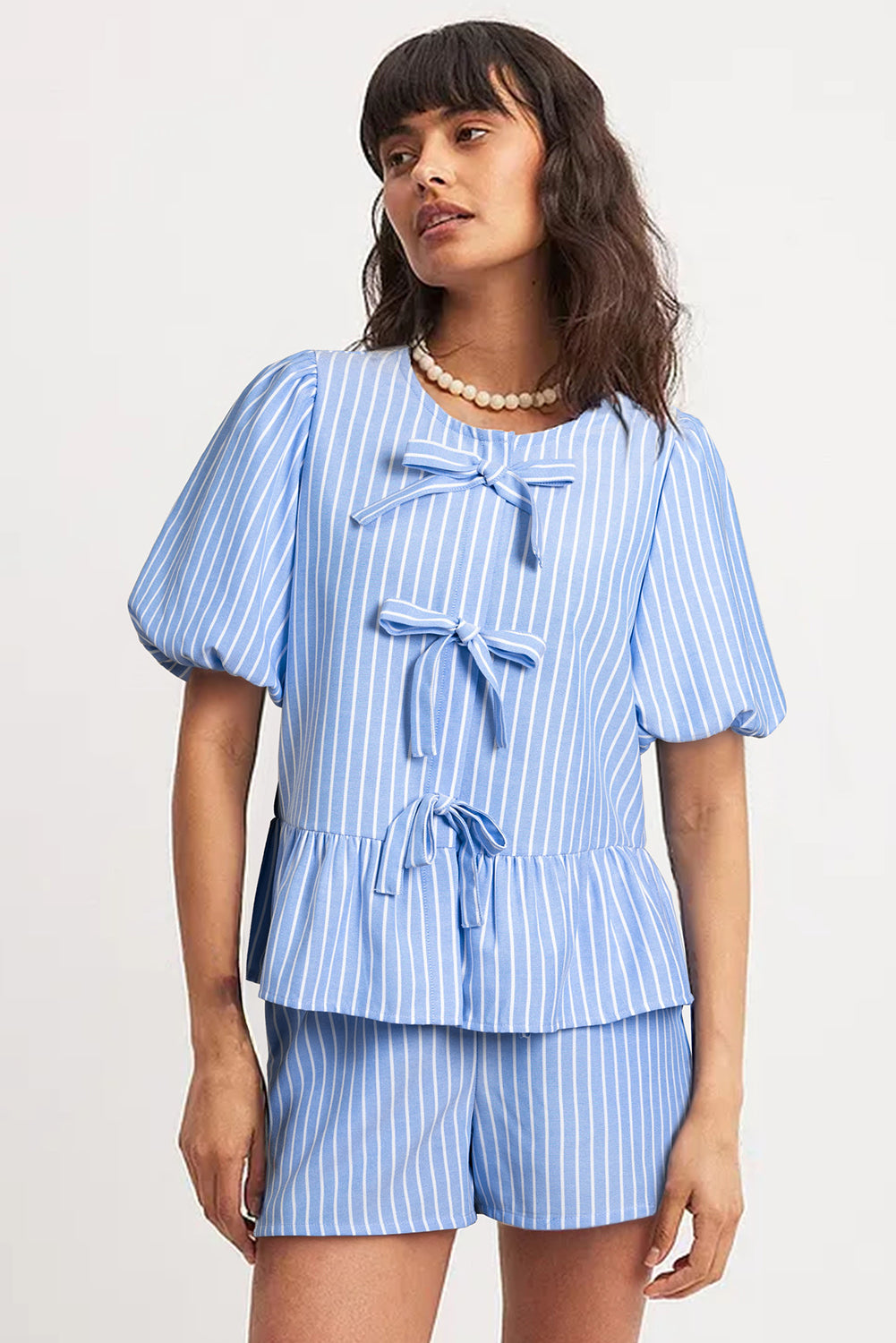 Sky Blue Striped Bowknot Detail Puffy Sleeve Top and Shorts 2Pcs Set