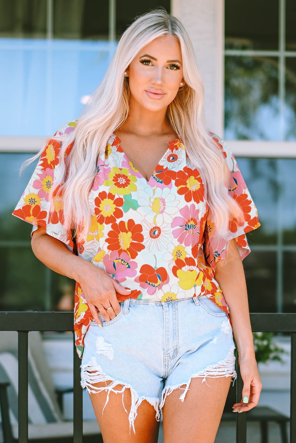 Multicolor Floral Print V Neck Half Sleeve Blouse