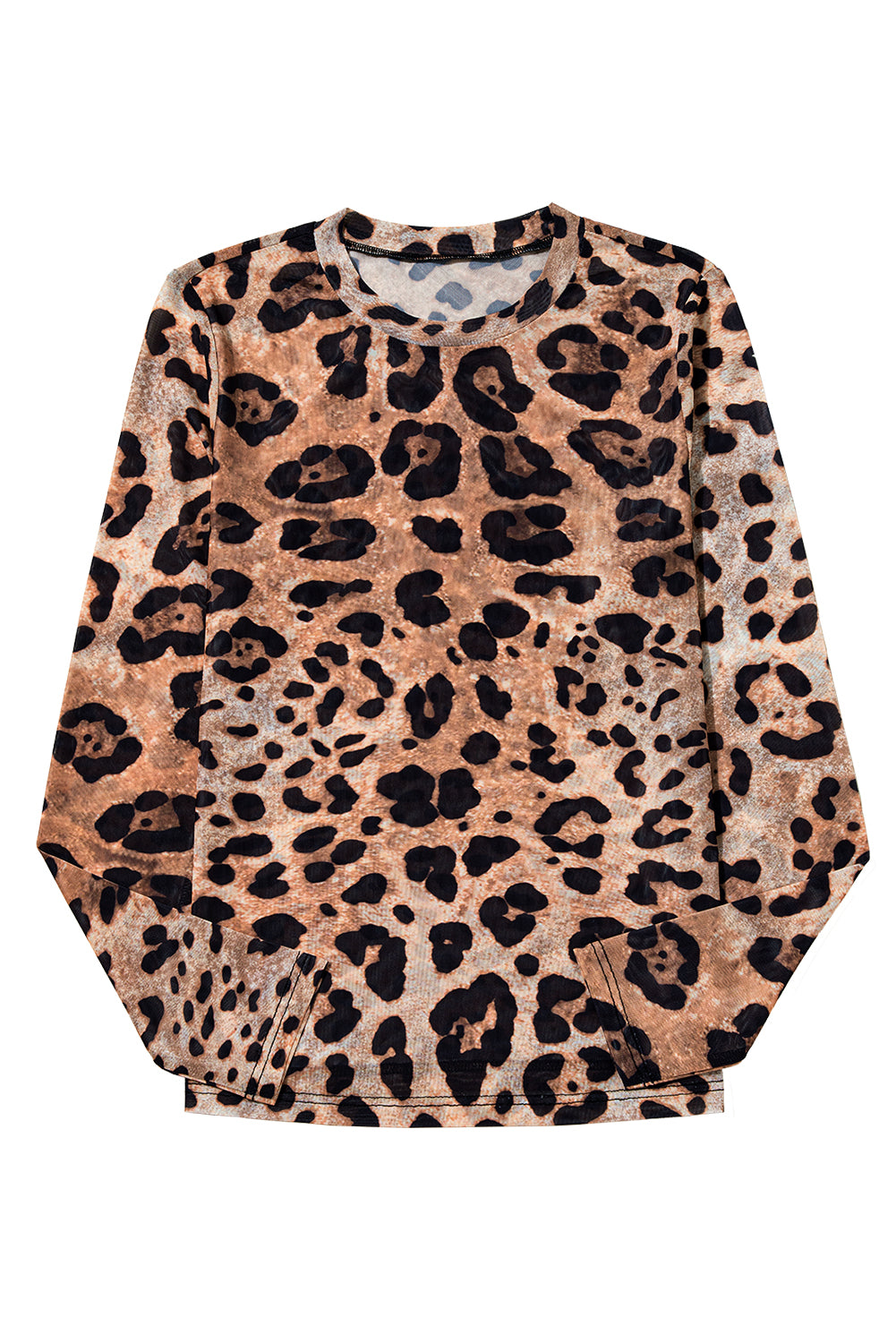 Brown Leopard Round Neck Long Sleeve Slim Top