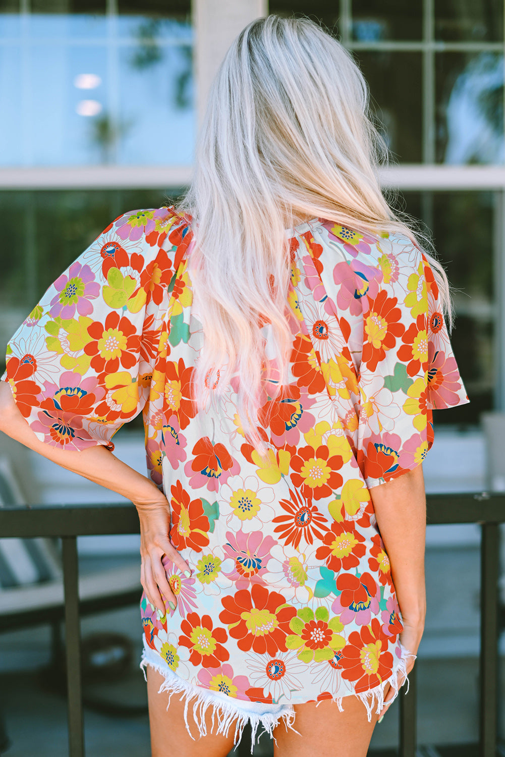 Multicolor Floral Print V Neck Half Sleeve Blouse