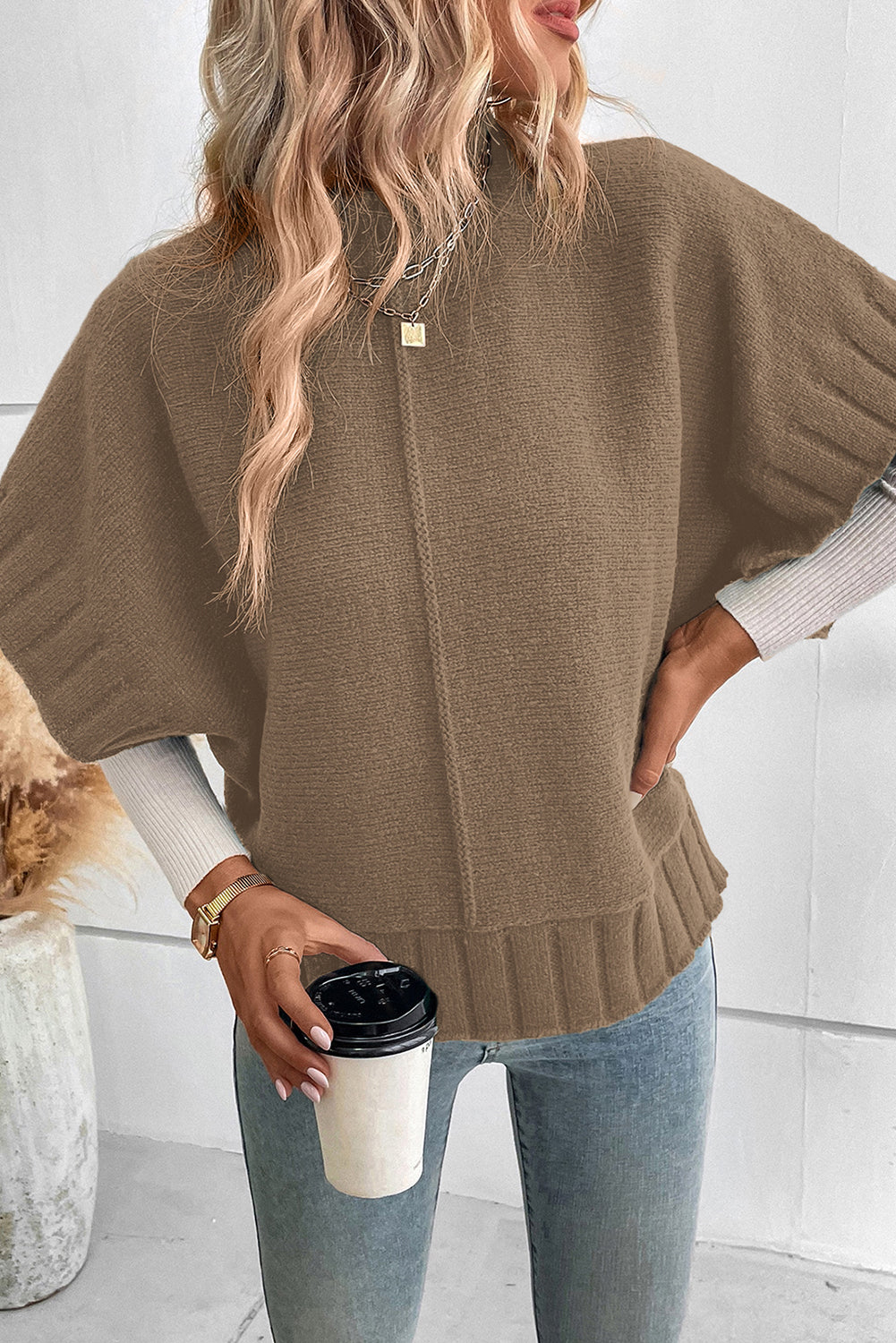 Blackish Green Mock Neck Batwing Short Sleeve Knit Sweater