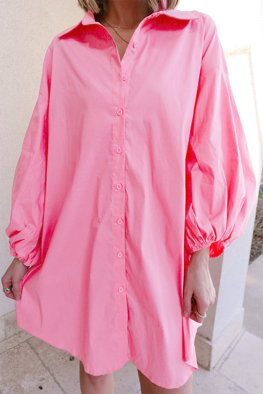 Bright Pink Balloon Sleeve Button Up Mini Shirt Dress