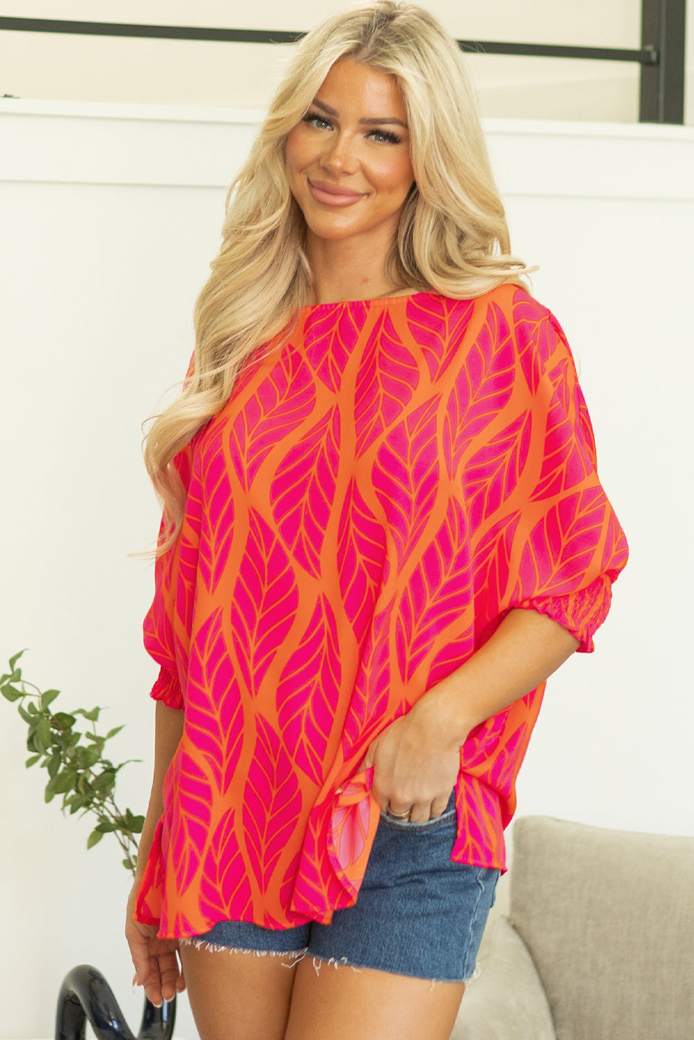 Rose Tropical Leaf Print Smocked Puff Sleeve Blouse