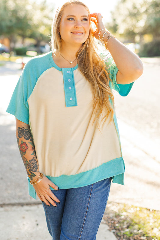 Mint Green Color Block Raglan Sleeve Buttoned Plus Size T Shirt