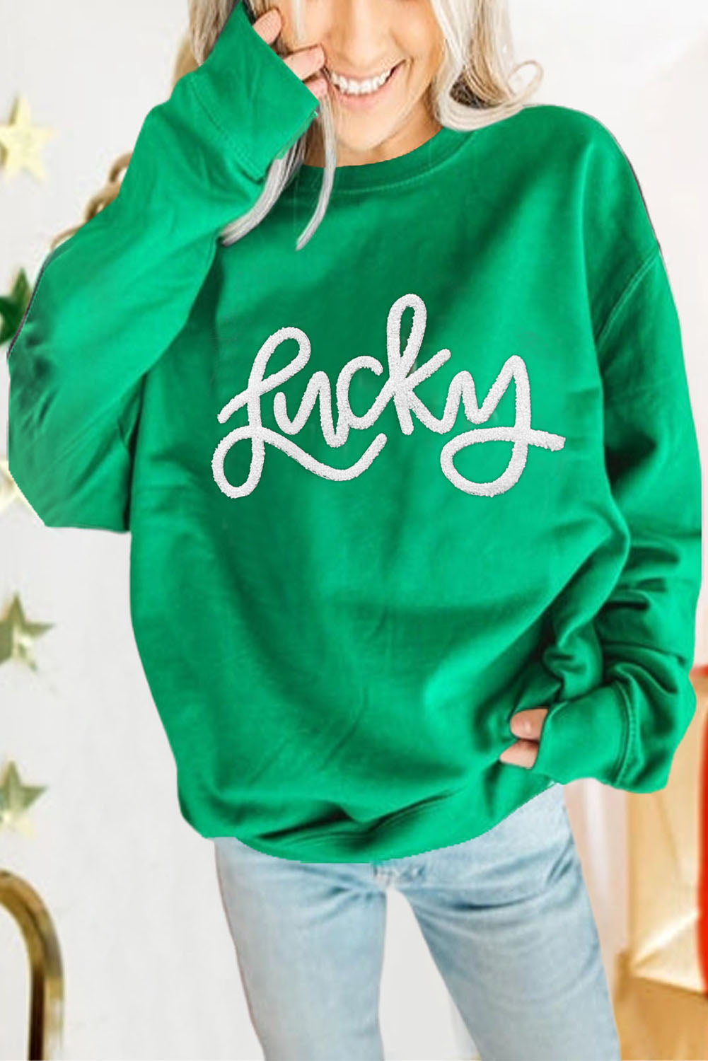 Bright Green MERRY Graphic Pullover Sweatshirt