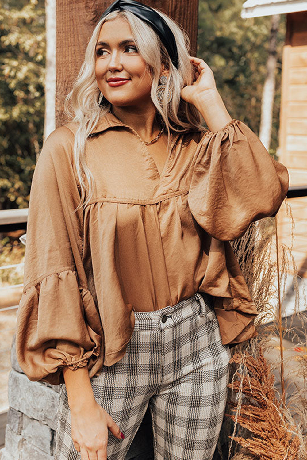 Brown Puff Sleeve Collared Pleated Babydoll Blouse