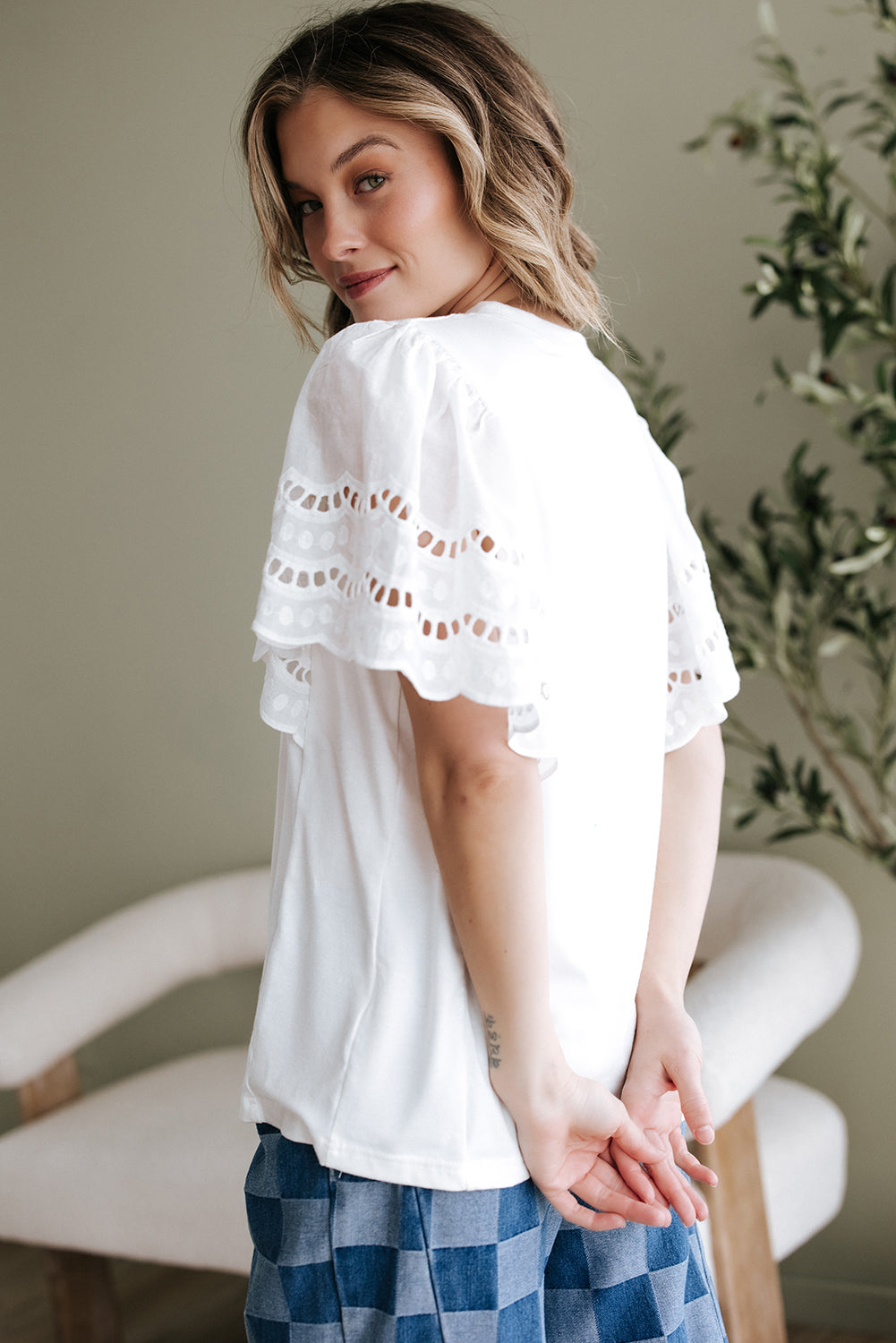 White Hollow Out Embroidered Short Sleeve O Neck Top