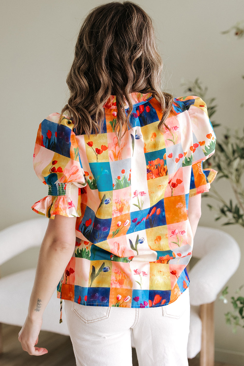 Multicolour Floral Checker Print Ruffled Short Puff Sleeve Blouse