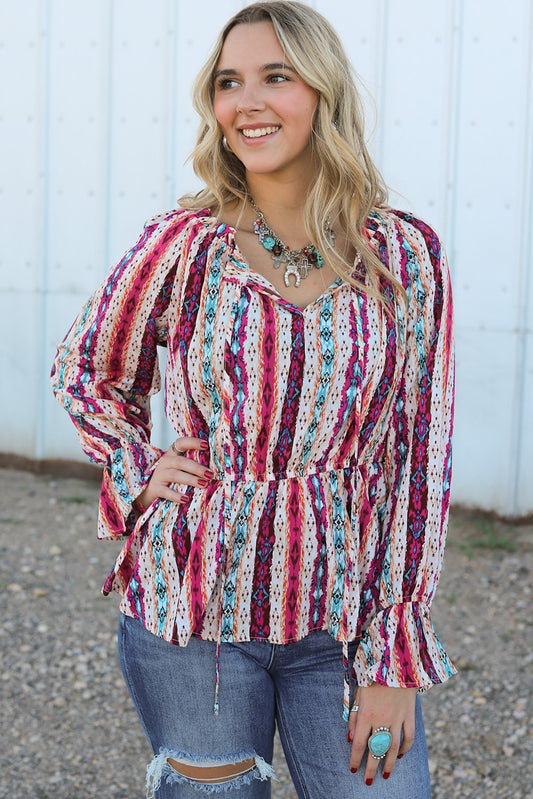 Multicolour Western Aztec Split Neck Peplum Blouse