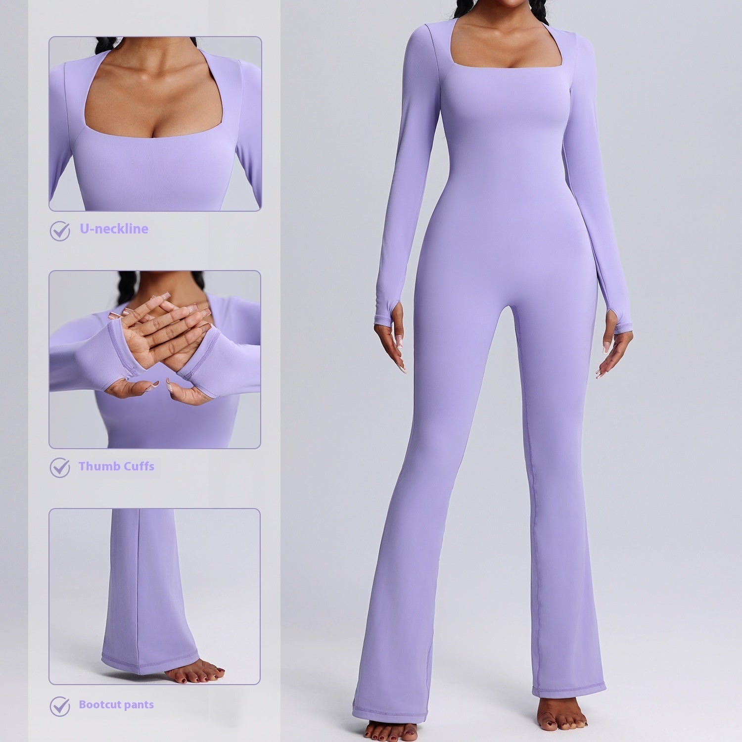 Square Neck Long-sleeved Yoga Flared Pants Breathable Jumpsuit