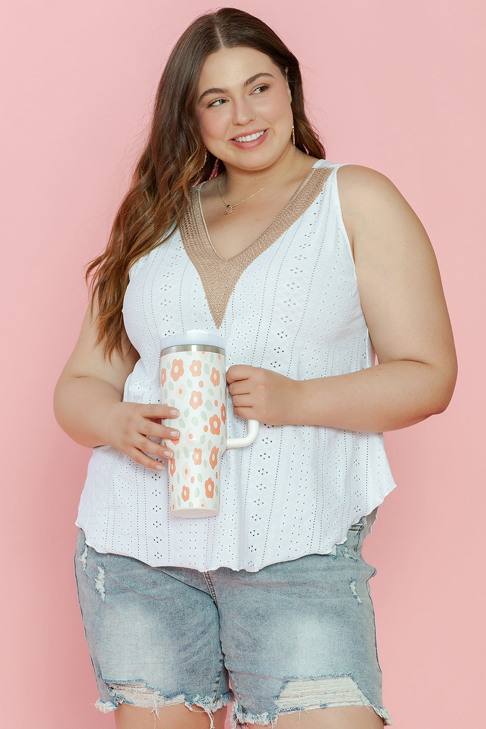 White Plus Size Guipure V Neck Eyelet Lace Tank Top