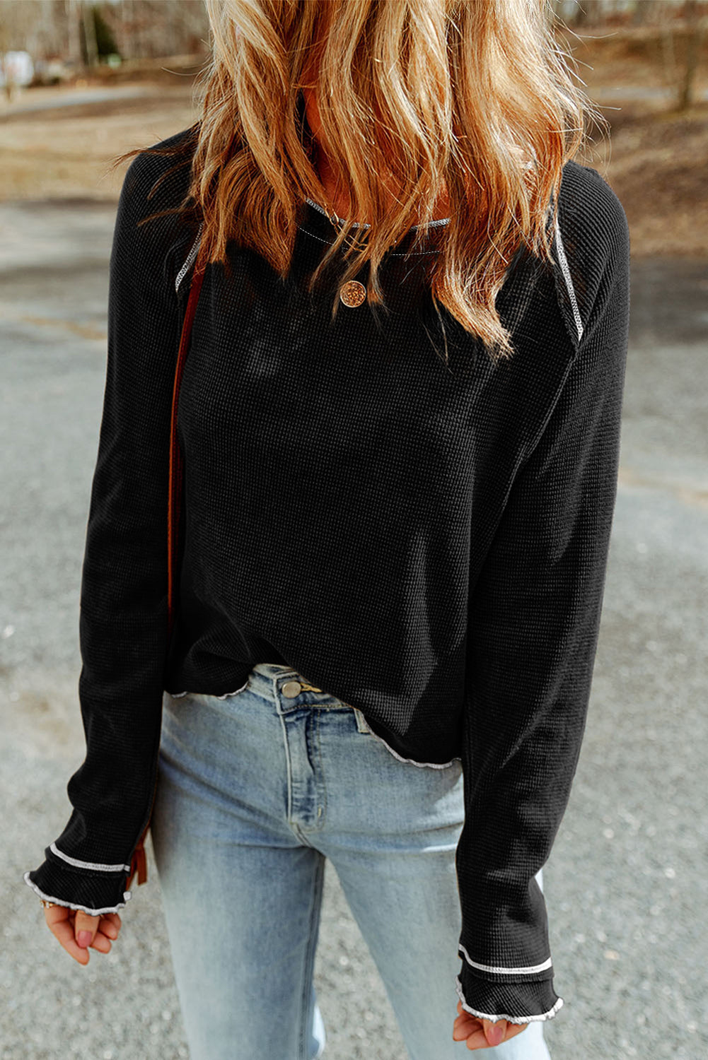 Black Textured Round Neck Long Sleeve Top