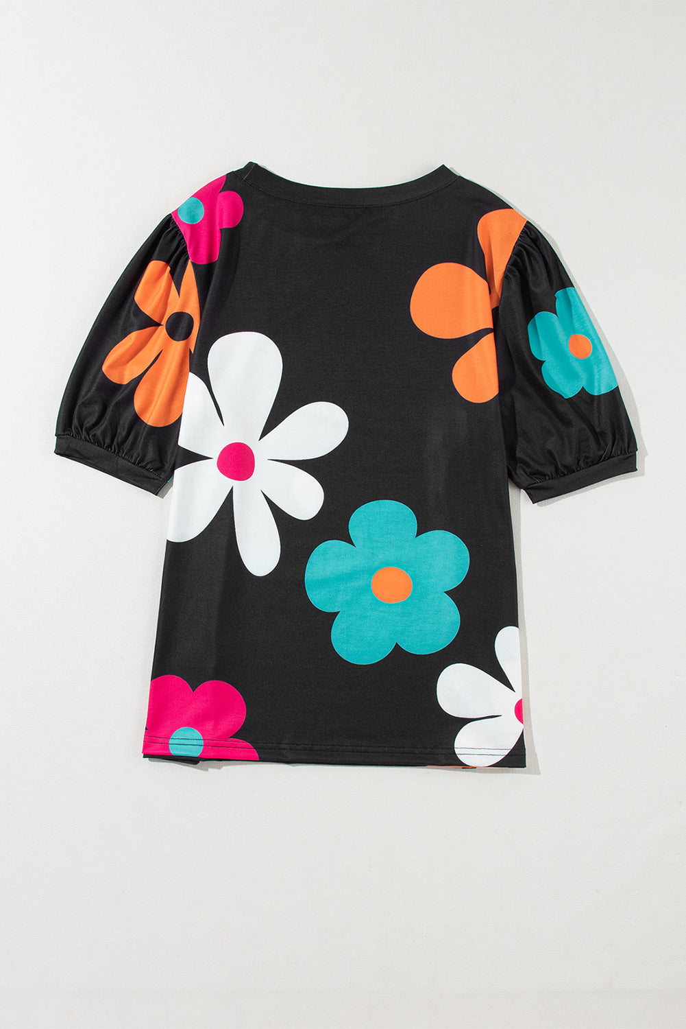 Sky Blue Flower Print Bubble Sleeve Tee