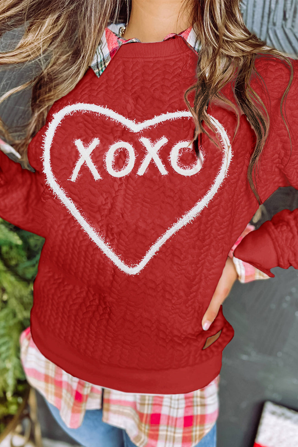 White Heart XOXO Chenille Embroidered Textured Sweatshirt