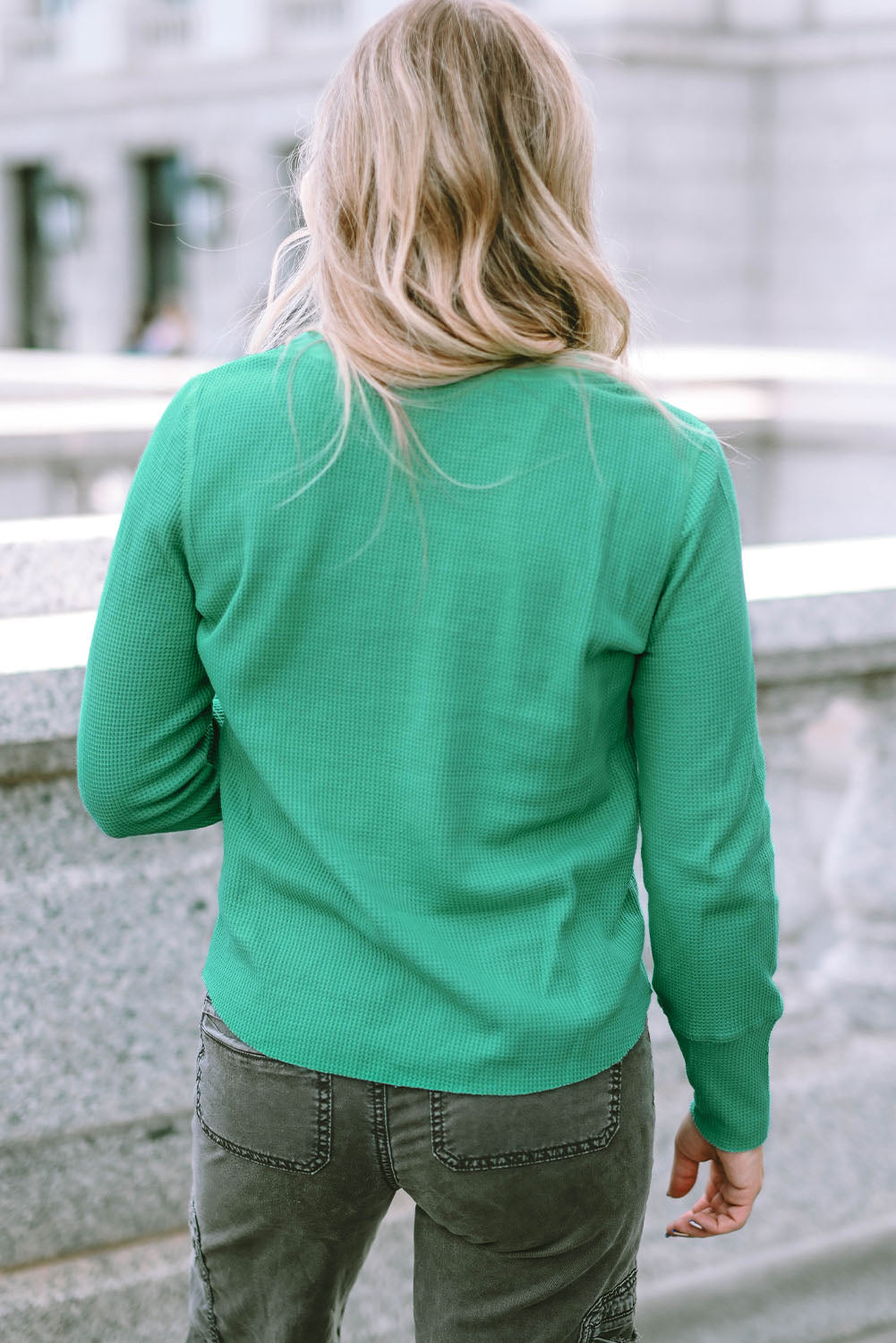 Black Trimmed Neckline Waffle Knit Henley Top