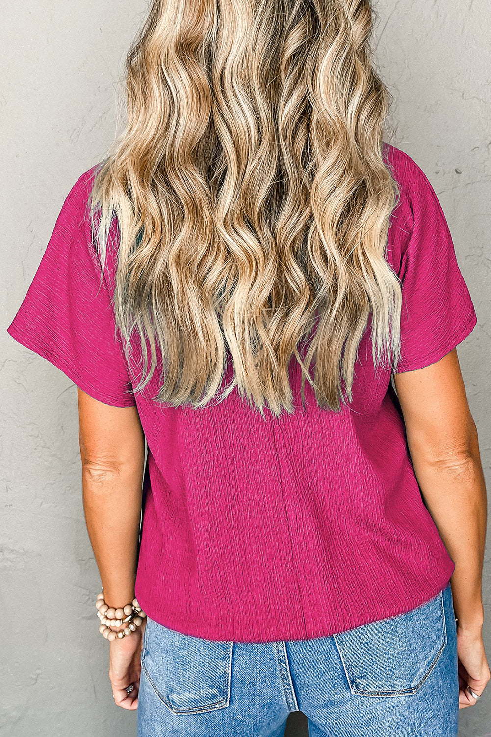 Bright Pink Textured V Neck Bubble Hem Plus Top