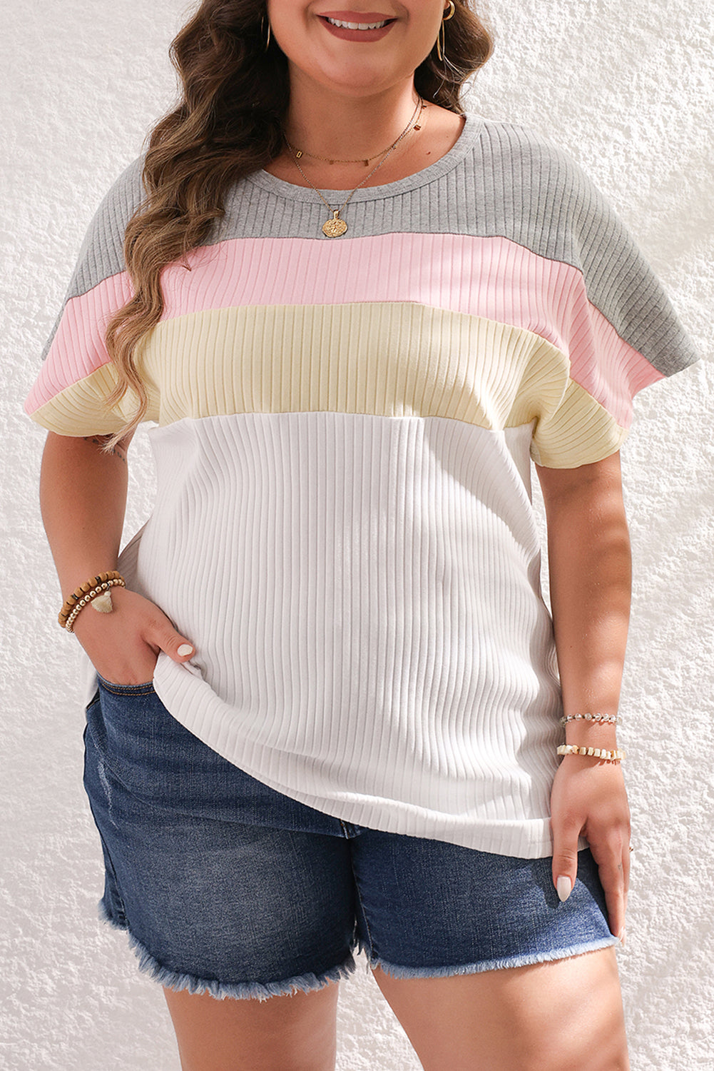 White Colorblock Patchwork Batwing Sleeve Ribbed Plus T Shirt