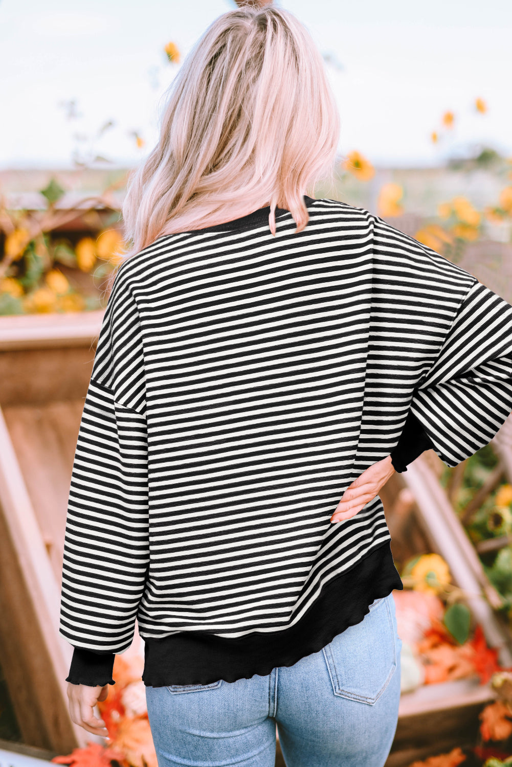 Pink Stripe Loose Drop Shoulder Long Sleeve Top