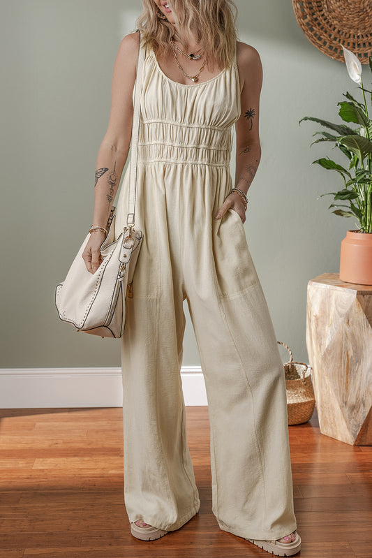 Beige Ruched High Waist Sleeveless Wide Leg Jumpsuit