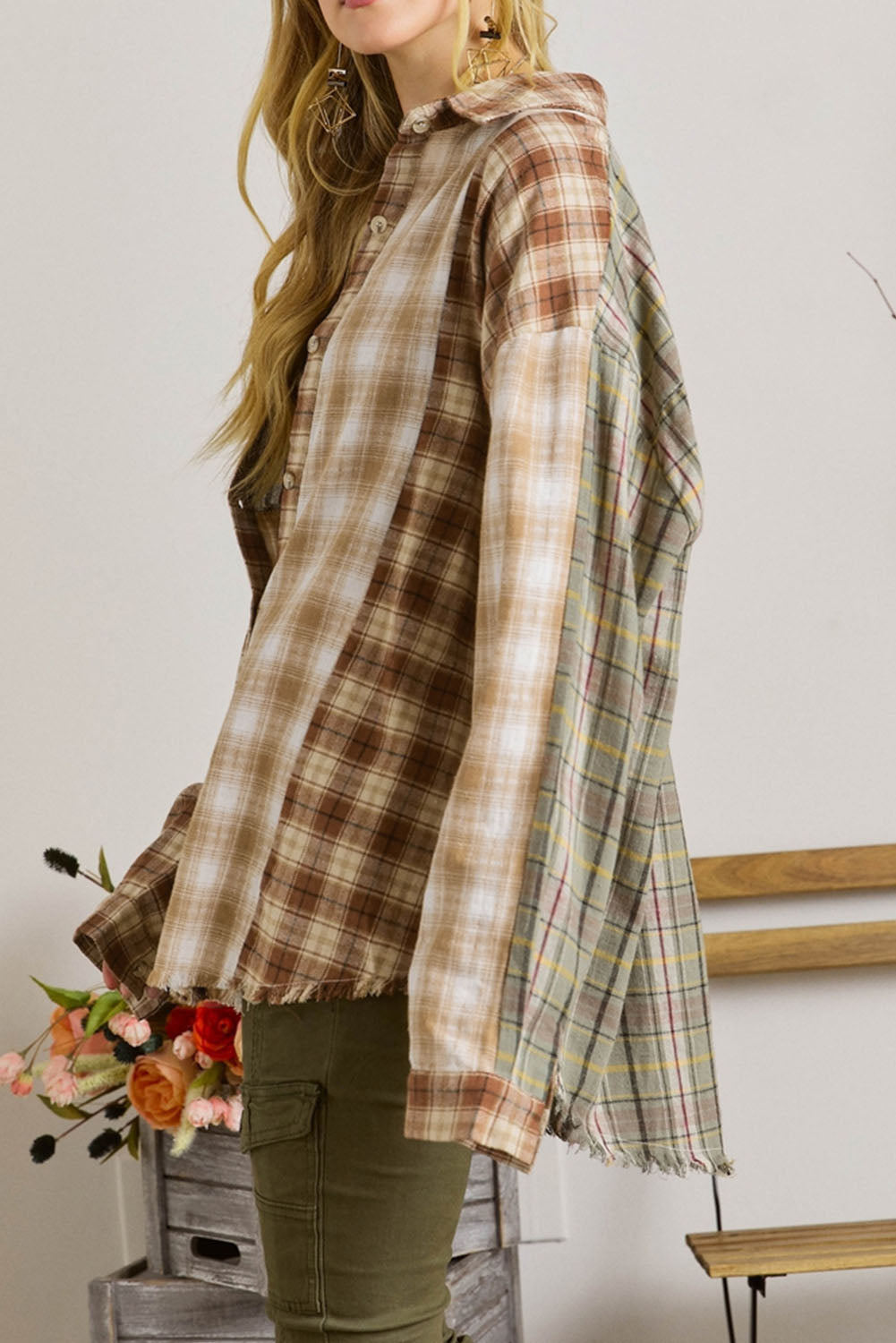 Brown Multi Plaid Patchwork Raw Edge Casual Shirt