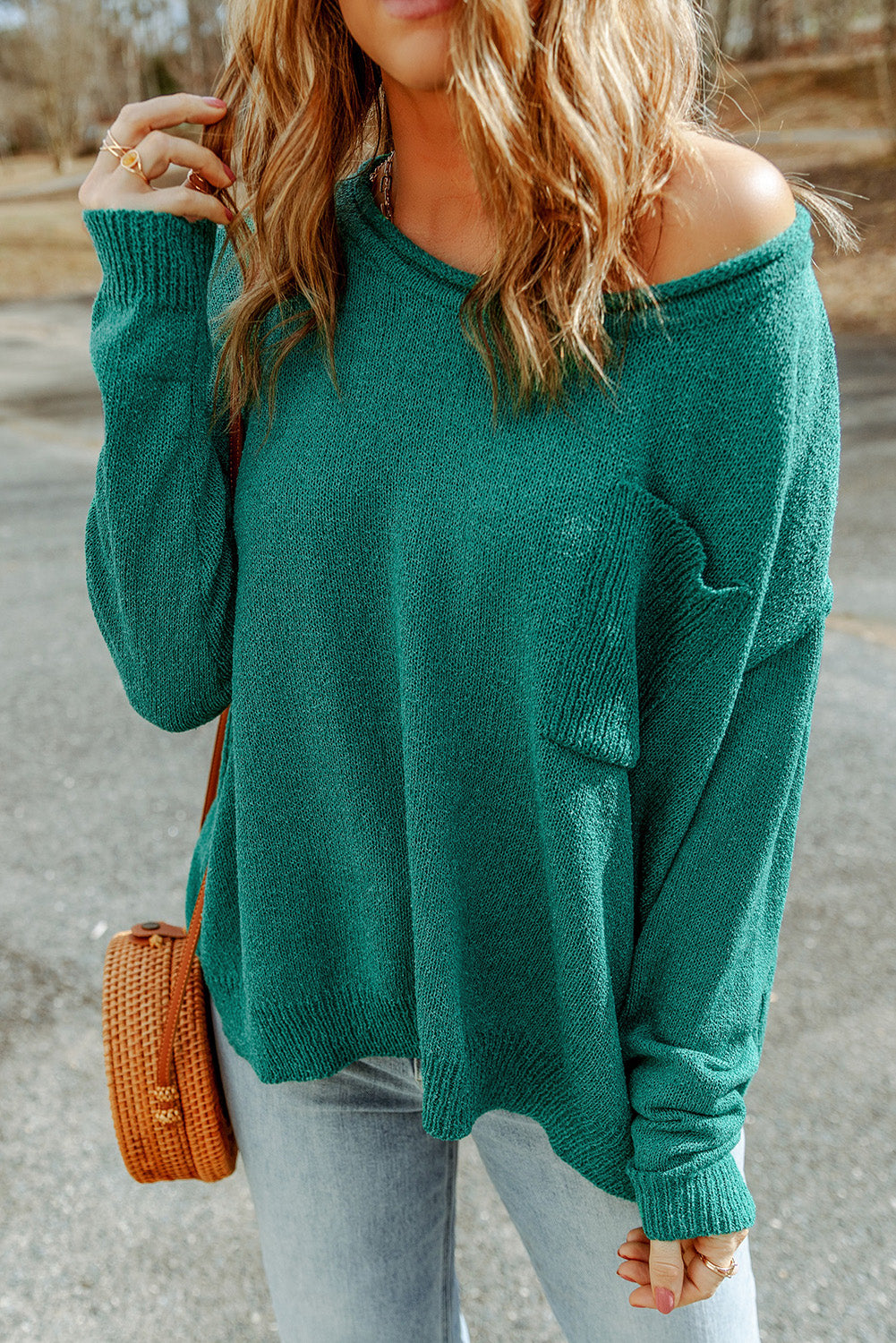 Green Solid Color Off Shoulder Rib Knit Sweater with Pocket