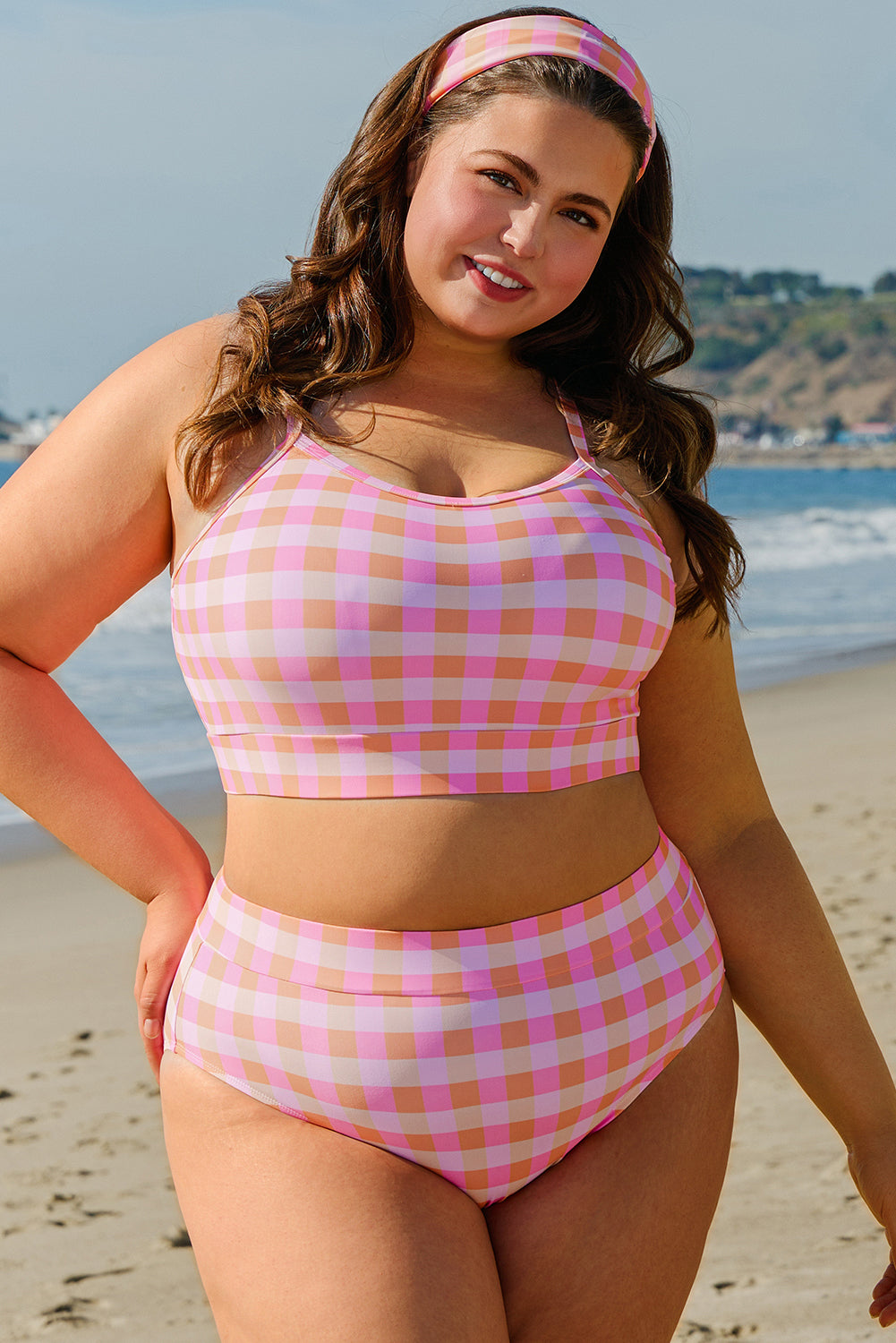 Pink Plus Size Plaid Print High Waist Bikini Set