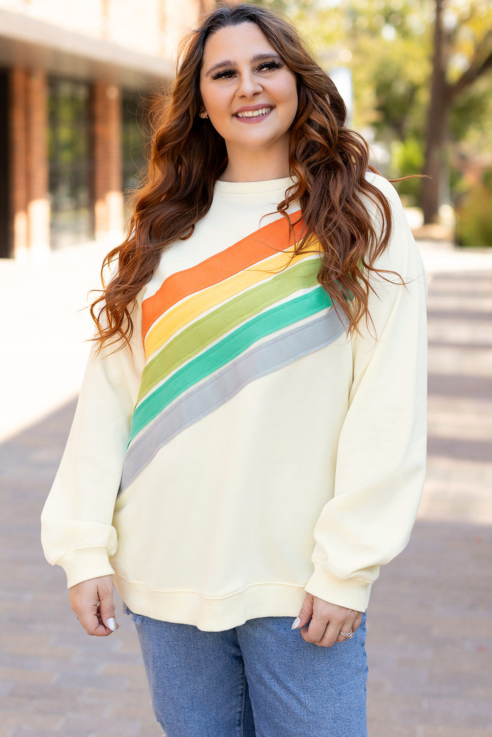 white Rainbow Raglan Sleeve Crew Neck Plus Size Sweatshirt