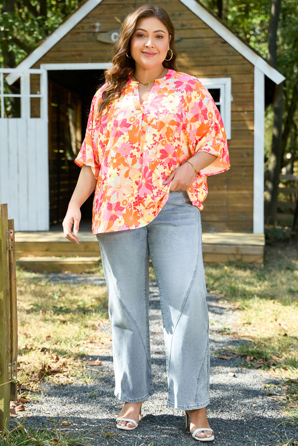 Red Floral Short Sleeve Slit Neck Plus Size Blouse