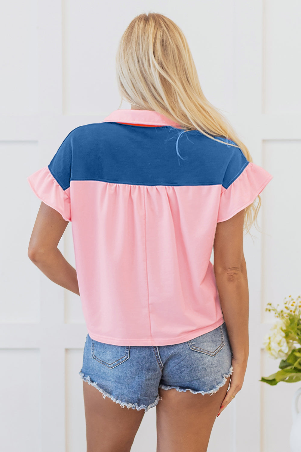 Gossamer Pink Color Block Half Buttoned Ruffled Short Sleeve T Shirt