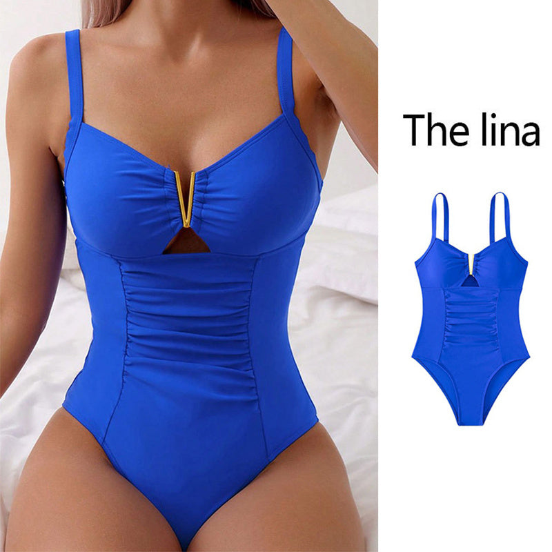 V-Neck Hollow One-Piece Slimming Swimsuit - Chic, Flattering Beachwear