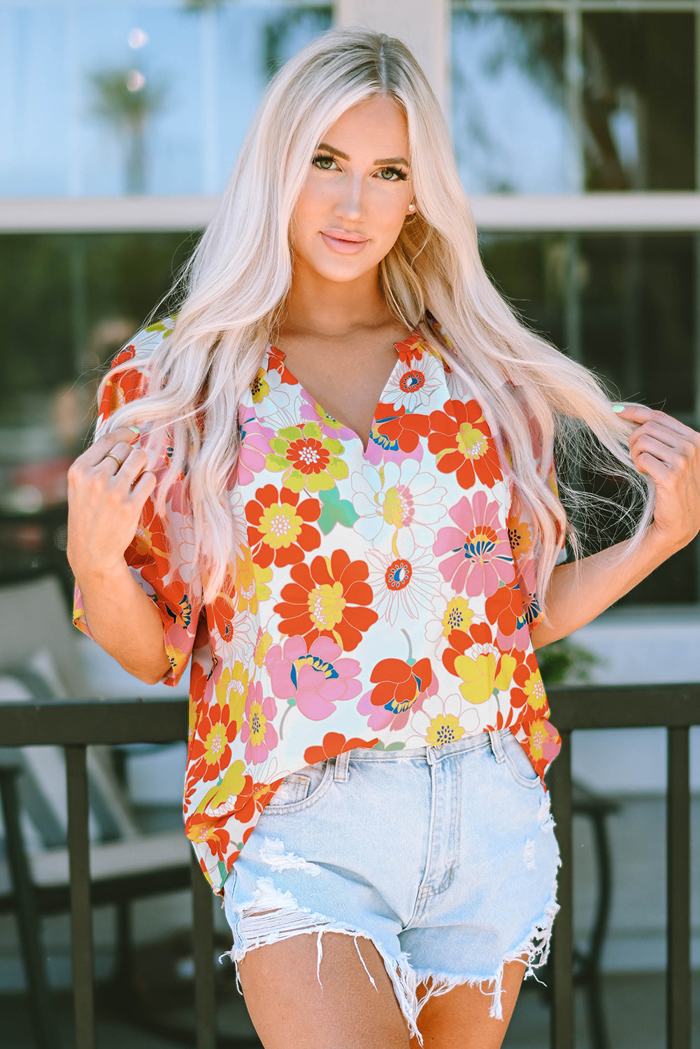 Multicolor Floral Print V Neck Half Sleeve Blouse