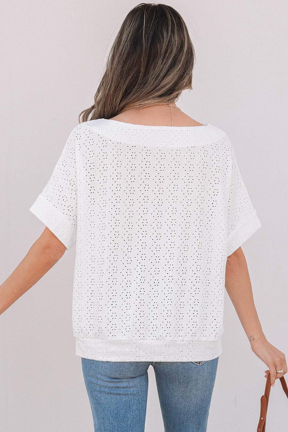 White Eyelet Pattern Boat Neck Casual Tee