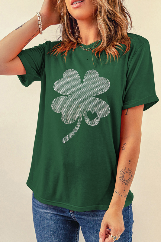 Green Rhinestone Four Leaf Clover Graphic St Patrick Crewneck Tee