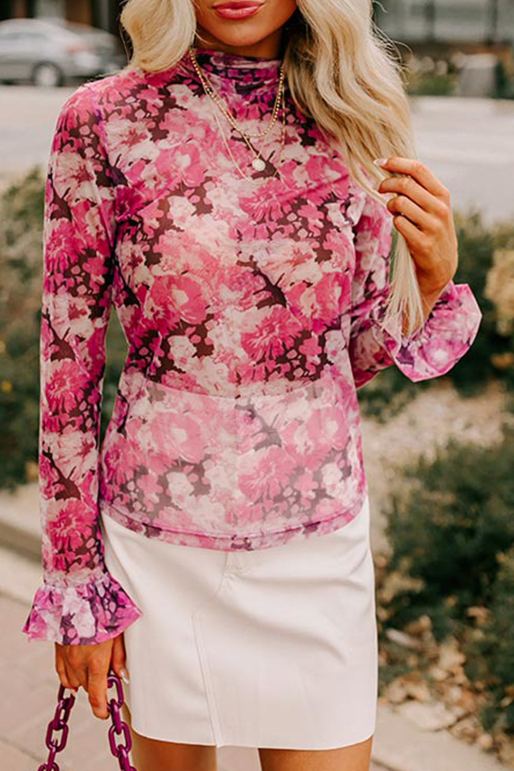 Rose Floral Mesh Flounce Sleeve Mock Neck Blouse